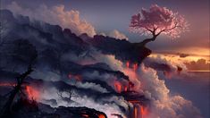 an artistic painting of a tree on top of a mountain with lava pouring out of it