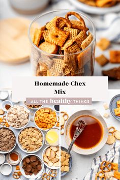 the homemade chex mix is in a glass bowl and next to bowls of cereal