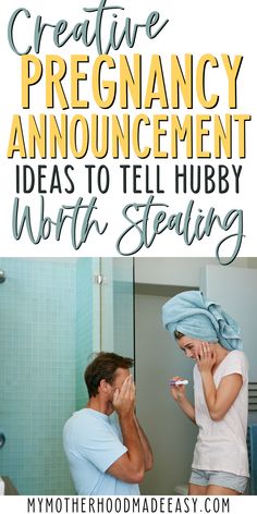 a man and woman brushing their teeth with the words creative pregancy announcement below