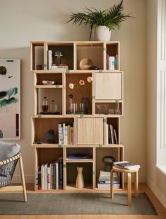 a living room filled with furniture and a potted plant on top of a wooden shelf