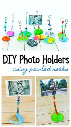 this is an image of diy photo holders using painted rocks and beaded beads