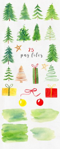 watercolor christmas trees and presents with the words 25 png files written below them