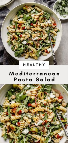 two bowls filled with pasta salad and the words healthy mediterranean pasta salad in white letters