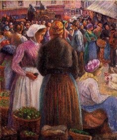 a painting of people standing in front of a crowd