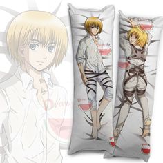 two pillows with anime characters on them, one is blonde and the other is white