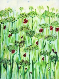 a painting of red and green flowers in the grass