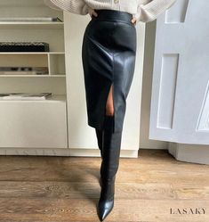 Lasaky - Sophisticated Half-Skirt for Women, High Waist and Winter-Inspired Style Pencil Skirt Thigh High Boots, Thigh High Boot Skirt, Cozy Winter Fashion, Skirt Streetwear, Bodycon Midi Skirt, Office Skirt, High Waisted Pencil Skirt, Half Skirt, Black Leather Skirts