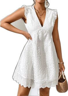 Summer V-neck Lace Dress With Ruffles, Fitted Cotton Lace Dress For Summer, Summer Cotton Lace Dress With Ruffles, White A-line Lace Dress For Summer, Elegant Cotton Lace Dress For Summer, Elegant Summer Cotton Lace Dress, Fitted V-neck Lace Dress For Vacation, Fitted Lace V-neck Dress For Vacation, Fitted Lace Dress With V-neck For Vacation