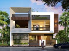 two story house with balconyes and balconies on the second floor, surrounded by palm trees