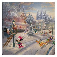 a painting of mickey mouse and other disney characters in front of a christmas village scene