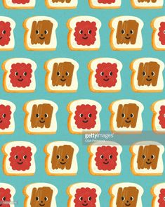 toasted bread with peanut butter and jelly faces on blue background stock - fotop