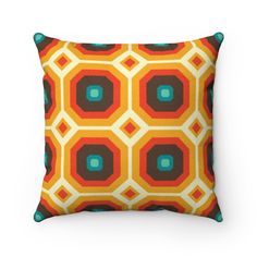 Retro Geometric Brown Orange Mid Century Modern Faux Suede Square Pillow | lovevisionkarma.com Mid Century Modern Pillows, Retro Throw Pillows, Orange Pillow, Unicorn Pillow, Suede Pillows, Abstract Geometric Shapes, Boomerangs, Retro Mid Century Modern, Retro 60s