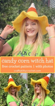 a woman wearing a yellow and orange hat with the words candy corn witch hat on it