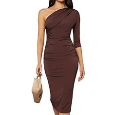 Women's One Shoulder Pencil Dresses Brown 95% Polyester, 5% Spandex Slight Stretch Material, Fabric Is Soft To Touch, Comfortable To Wear Sexy Midi Dress, Ruched Design, 3/4 Long Sleeves, Slim Fit, Help Show Your Beautiful Body Curve And Unique Charm The Perfect Dress For Any Birthday Or Night Out, Look Great With Colourful Accessories And Shoes Suitable For Daily, Office, Work, Shopping, Weekend, Going Out, Club, Casual, Evening And Other Occasions Fitted One Shoulder Bodycon Dress For Brunch, One Shoulder Bodycon Dress For Brunch, Fitted One-shoulder Bodycon Dress For Brunch, One Shoulder Fitted Mini Dress For Work, One-shoulder Fitted Mini Dress For Work, Fitted One-shoulder Mini Dress For Work, Fitted One-shoulder Elastane Midi Dress, Solid One-shoulder Fitted Midi Dress, Slim Fit Midi Dress For Date Night