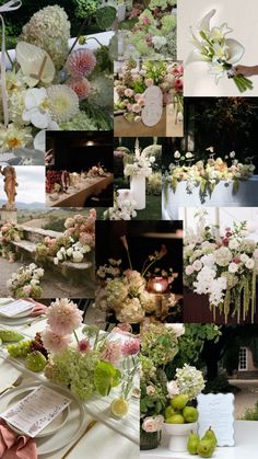 a collage of flowers and greenery is shown in many different pictures, including the centerpieces