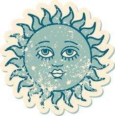 iconic distressed sticker tattoo style image of a sun with face Sun With Face, Face Sun, Face Face