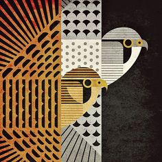 an art deco poster with two birds on it's face and another bird in the background