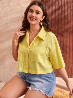 Trendy Tops For Women Casual, Yellow Shirt Outfit, Crop Shirts For Women, Drop Shoulder Blouse, Blouse Outfit Casual, Blusas Crop Top, Cropped Plus Size, Drop Shoulder Shirt, Cute Skirt Outfits