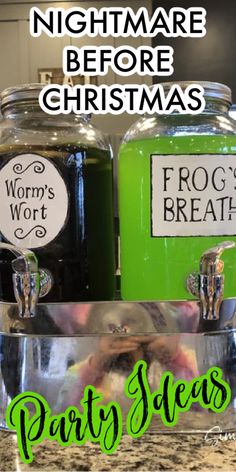 two glass jars with labels on them and the words, nightmare before christmas party ideas