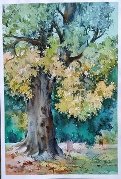 a watercolor painting of a tree with yellow leaves