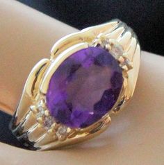 Estate 14K Yellow Gold Genuine Oval Cut Amethyst & Diamonds Ring 6.2 Grams Size 5.75 February Births Purple Oval Birthstone Ring For Formal Occasions, Formal Oval Purple Birthstone Ring, Formal Purple Oval Birthstone Ring, Classic Oval Purple Birthstone Ring, Gold Oval Amethyst Ring With Accent Stones, Oval Amethyst Ring With Accent Stones, Diamond Ice, Amethyst And Diamond Ring, Diamonds Ring