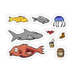 stickers with different types of fish and jellyfish