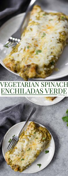 vegetarian spinach enchiladas verdre on white plates with green garnish