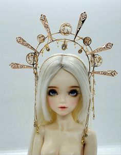 This crown  is handmade ,from soldered Metal , Resin, Pearls, and Rhinestones. It is made to fit  1/3 SD dolls . STORE POLICY  -Please give me 3 days to ship,  -not recommended  for children  - I have a no return no refund policy on all of my custom crowns. Gold Halo Crown, Royalty Crown, Manga Aesthetic, Custom Crown, Sun Goddess, Halo Crown, Celestial Sun, Rose Gold Halo, Royal Tiaras