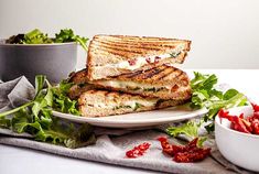 grilled cheese sandwich with lettuce and tomato salad on plate next to bowl