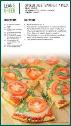 an advertisement for chicken crust margarita pizza with tomatoes and basil on the top, along with instructions to make it