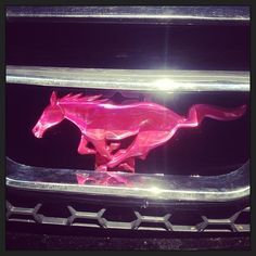 a pink horse on the grill of a car