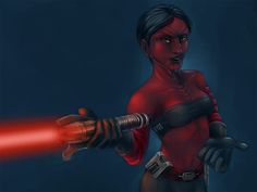 a cartoon character holding a light saber in her right hand and pointing it at the viewer