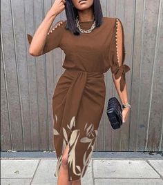 Lasaky - Sensual Floral Hollow Out Strappy Pleated Dress Pearls Decor, Elegant Casual Dress, Midi Dress Fall, Coffee Fashion, Dress Women Elegant, Half Sleeve Dresses, Sleeves Clothing, Work Dress, Crewneck Dress