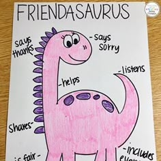 a drawing of a pink dinosaur with words on it