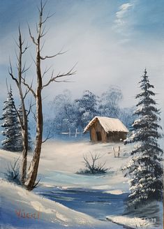 a painting of a cabin in the snow