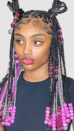 #myfirstshuffle Knotless Box Braids Pink, Braids Pink And Black, Box Braids Pink, Knotless With Beads, Pink Knotless, Medium Knotless Box Braids, Knotless Braids With Beads, Braids Pink, Ombre Box Braids