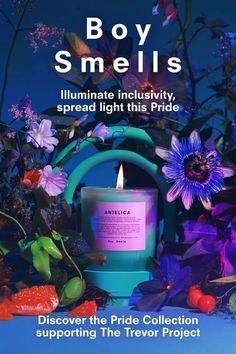 a candle surrounded by flowers and plants with the title boy smells illuminate inclusivity, spread light this pride