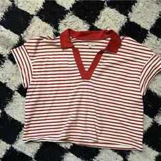 Red And White Striped Madewell Shirt, Size Xl, Never Worn Red Collared Top For Summer, Trendy Red Collared Top, Casual V-neck Top With Striped Collar, Cotton V-neck Top With Striped Collar, Red Cotton V-neck Top, Trendy Red V-neck Shirt, Red Summer Top With Striped Collar, Red Spring Top With Striped Collar, Red Top With Striped Collar For Spring