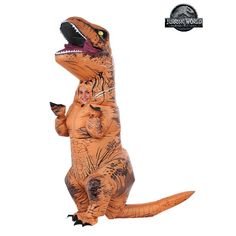 an adult inflatable t - rex costume standing on its hind legs and arms