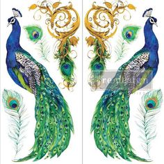 two peacocks with ornate designs on the back and side of their body, one is blue