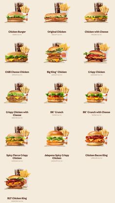 a poster with different types of sandwiches and fries on it's back side, all in