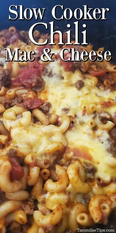 the cover of slow cooker chili mac and cheese