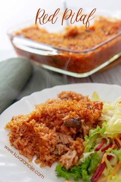 a white plate topped with rice and salad