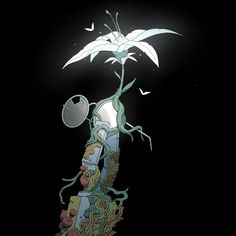 an illustration of a plant growing out of a pile of rocks in the night sky