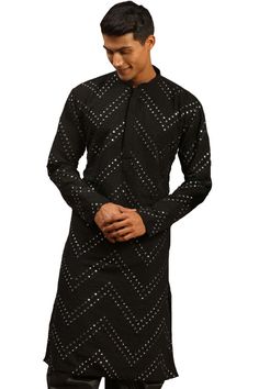 Buy Men's Black Georgette Mirror Work Embroidered Long Kurta Online Georgette Kurta, Kurta Top, Long Kurta, Men's Ethnic Wear, Festive Wedding, Weave Pattern, Black Knees, Mirror Work, Formal Party