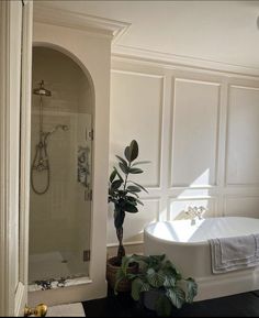 a white bath tub sitting next to a shower