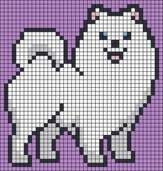 a white dog on a purple background is shown in the form of a cross stitch pattern