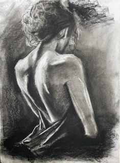 a black and white drawing of a woman sitting on the ground with her back to the camera