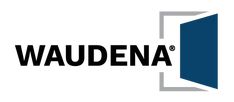 the waudena logo is shown in black and white, with an open door