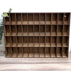 a wooden book shelf sitting on top of a hard wood floor next to a potted plant